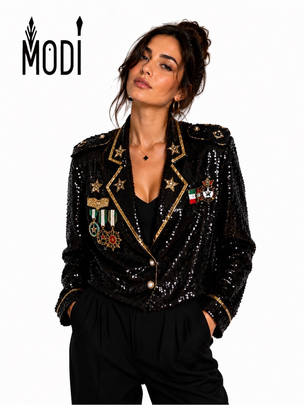Vintage Modi Black Sequin Military Jacket | Beaded Medal Embellishments